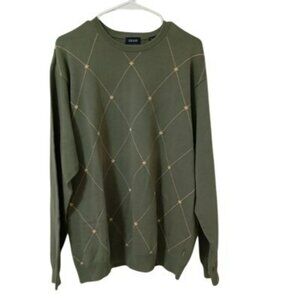 Izod Mens Green Crewneck Sweater With Diamond Pattern 100% Cotton Size L